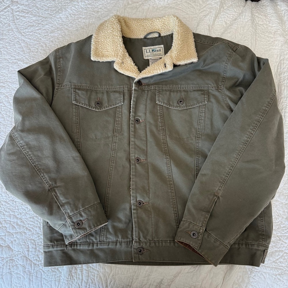 Vintage Y2K L.L.Bean Sherpa Lined Canvas Trucker Jacket Men's L Olive Workwear